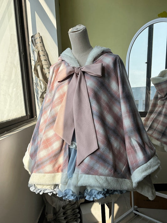 Pink Plaid Pattern Self-tie Big Bow Neckline Hooded Cape Coat