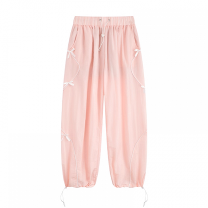 Details Wide-leg Casual Pants Pink Drawstring Waist and Cuffs Bowknot