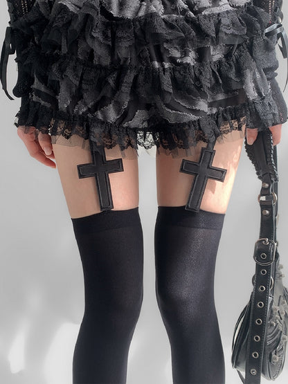 Suspender Applique Cross Stockings Black