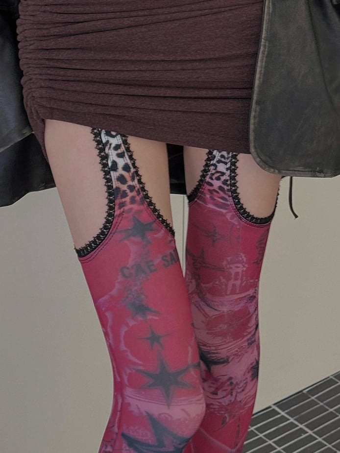 Collants porte-jarretelles à imprimé léopard Red Star et bordure en dentelle