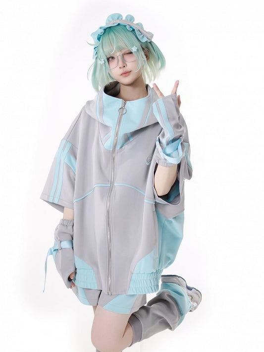 Sleeves Zipper Hoodie Green and Gray Jirai Kei Techwear Straps Design Short