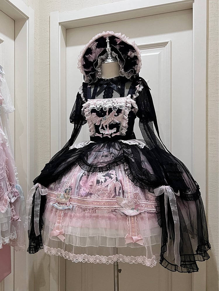 Black and Pink Curtain Tulle Overlay Flying Horse Skirt Lolita Jumper Skirt