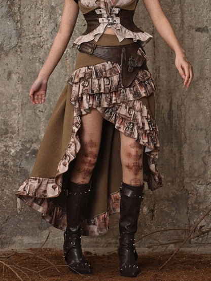 Brown Steampunk Retro Oil Ruffle Trim High-low Skirt