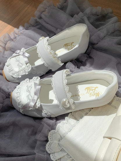 Sneakers Flat with Sweet Bow Lace Edging Gray Decorative Lolita - Velcro Fastening Style