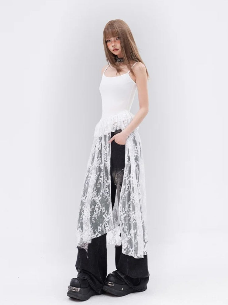 White Contrast Lace Patches Glamorous Cami Top Tiered Ruffles