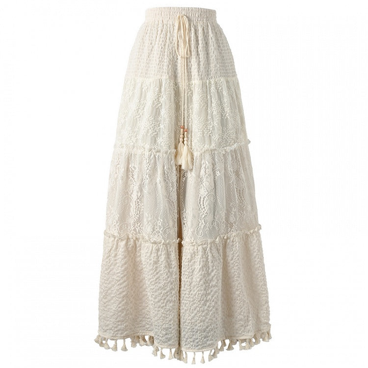 Waist Version White Drawstring Regular/Short Wide-Leg Pants with Tassel Cuffs Hollow-out
