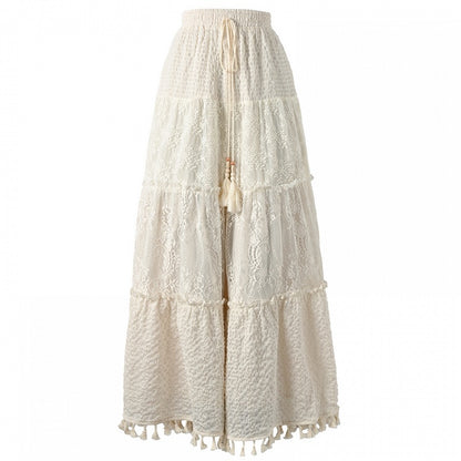 Waist Version White Drawstring Regular/Short Wide-Leg Pants with Tassel Cuffs Hollow-out