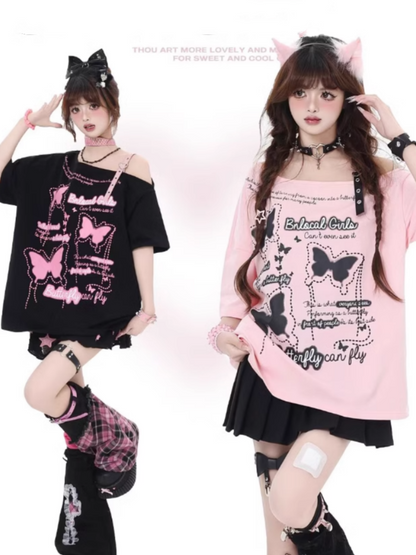Asymmetrical Neckline Butterfly Print Heart Buckle Black/Pink T-Shirt Loose