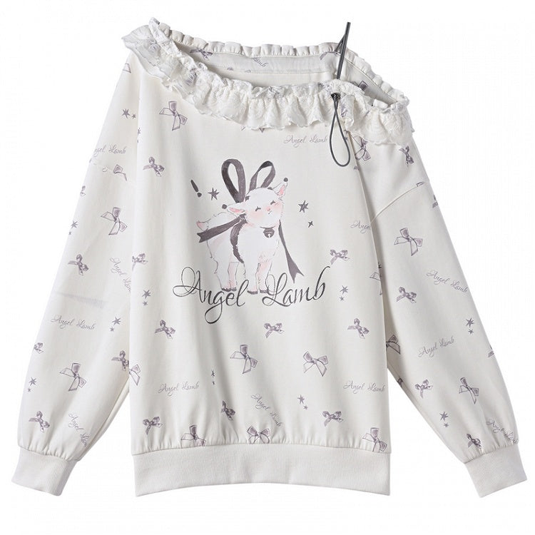 Ruffled Asymmetrical Lamb and Bow Print White Neckline Sweatshirt