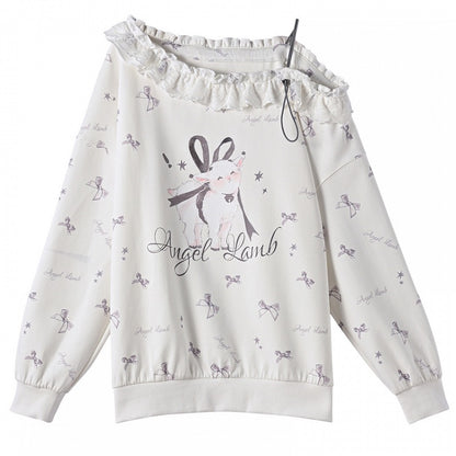 Ruffled Asymmetrical Lamb and Bow Print White Neckline Sweatshirt
