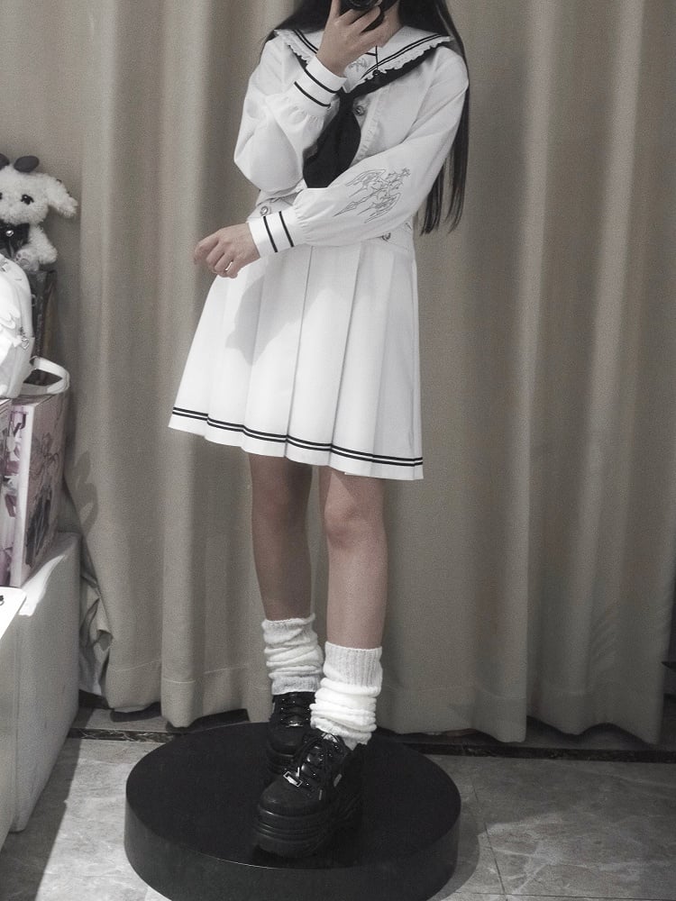 Sailor Set- Sleeves Uniform White Navycore JK Embroidered Collar Top Pleated Long Skirt +