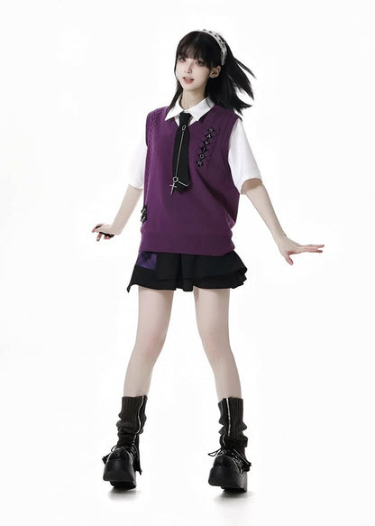 Spring Knitted Vest Zipper Details Style Purple V-neck Preppy