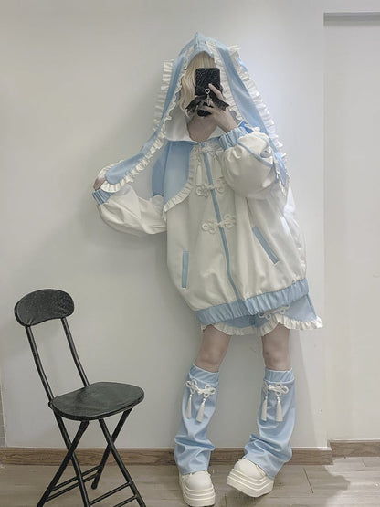 Tenshi Kaiwai Blue&nbsp;Jirai Kei Ruffled Trim Knot Button Shorts