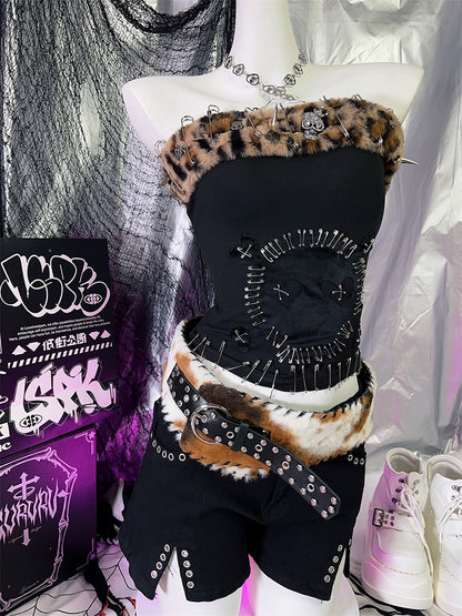 Black Studs and Rings Plush Buckle Belt