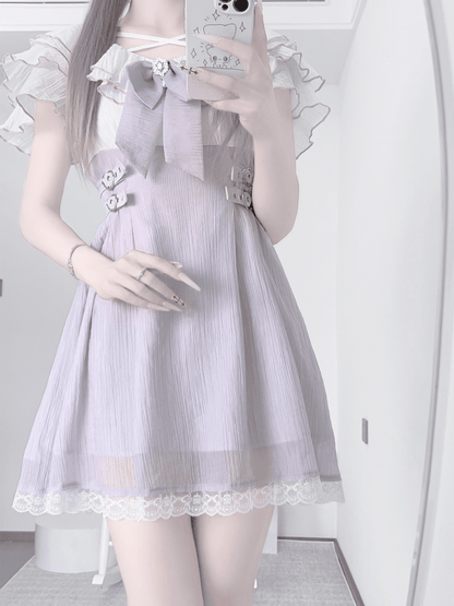 Dress with Flounce Waist Jirai Buckles Bowtie Hem Heart Version Neckline Tiered Lavender Short Kei