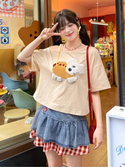 Puppy Applique T-Shirt Asymmetrical Neckline Hotdog Apricot Design