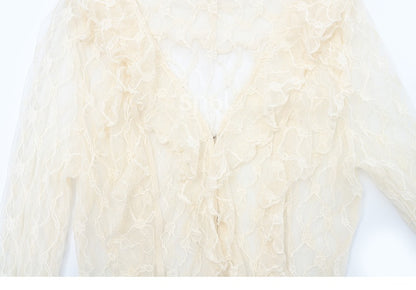 Beige Cascading Ruffle Trim Lace Top