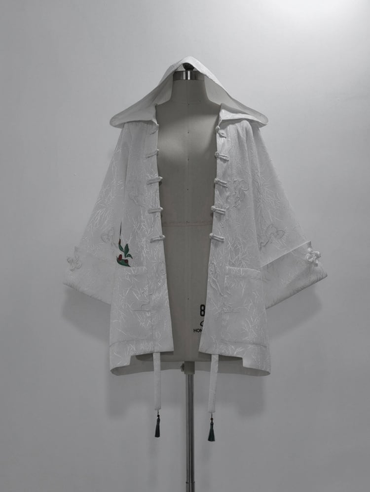 White Bamboo Leaf Jacquard Hooded Coat