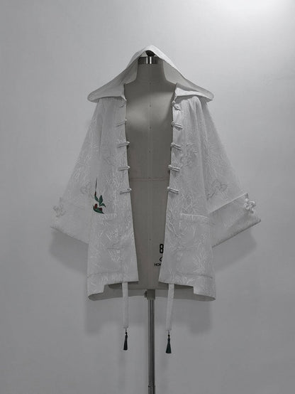 White Jacquard Leaf Hooded Coat Bamboo