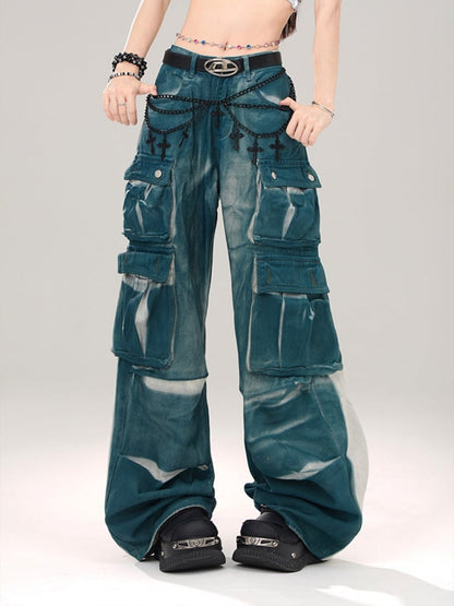 Dark Blue Cargo Pockets High Street Wide Leg Jeans