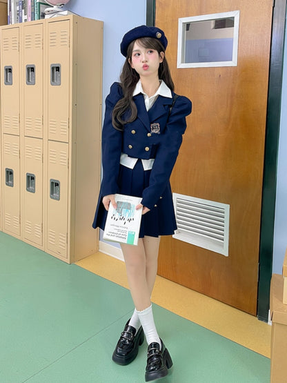 Navy Blue Notched Collar Gold-tone Buttons JK Cropped Blazer