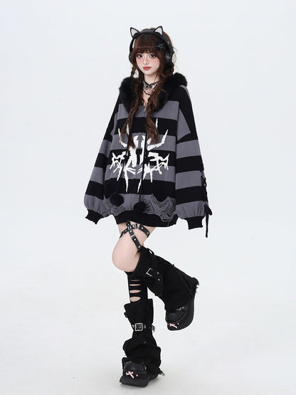 Hooded Striped Gray Fur Detachable Faux Zip Trim Punk Black with Sweater