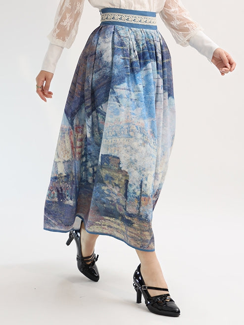 Version Waist Skirt Short Saint-Lazare Oil Painting Print Blue High Gare