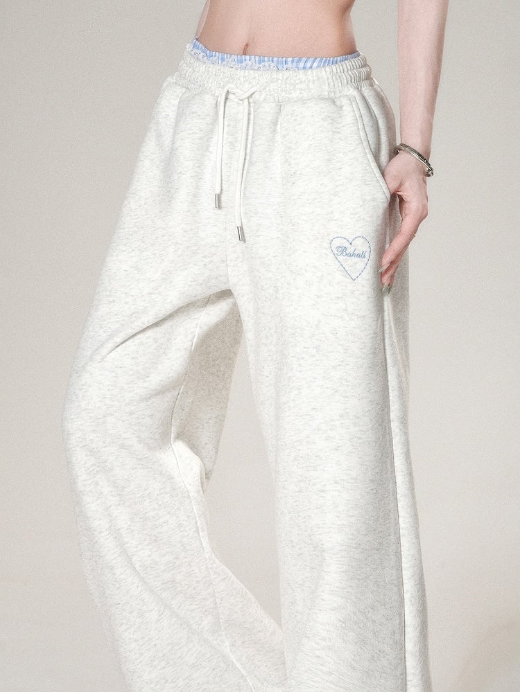 Embroidery Light Wide-leg Gray And Cut Letter Pants Trim Heart Lace