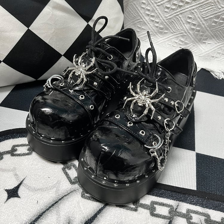 Punk Textured Black Spider Design Buckle Strap Stud Platform Shoes