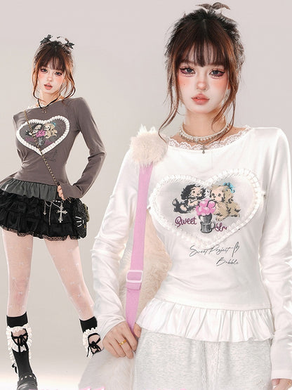 Grey/White Puppies Print Ruffle Hem Slim-fit T-shirt