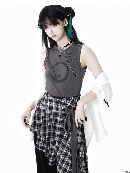 Dark Gray Crane Print Cropped Detachable Tank Top Chains with Beaded