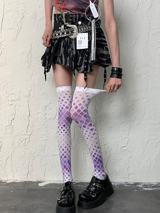 Overknee Stockings WhitePurple Y2K Pattern Diamond