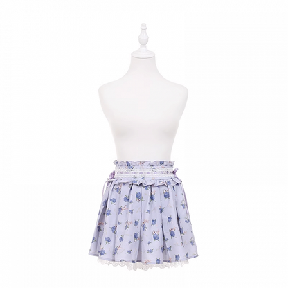 Light Purple Hydrangea Print Box Pleat Trim Lace Skirt