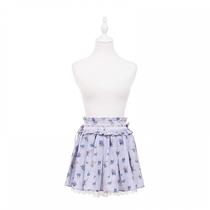 Lace Trim Skirt Light Purple Hydrangea Print Box Pleat