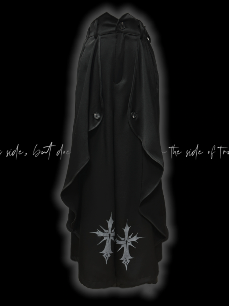 Hem Black Cross Print Wide-Leg Pants Asymmetrical
