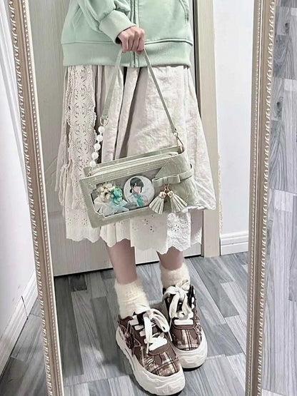 Ita Style Floral Green Cheongsam With Accent Pattern PU Bow Fringe Bag