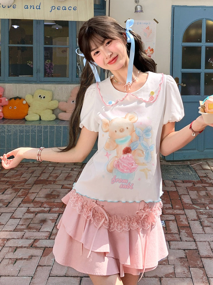 Cartoon Bear Print Hem White Peter Pan Collar Puff Sleeve Contrast Lettuce T-Shirt