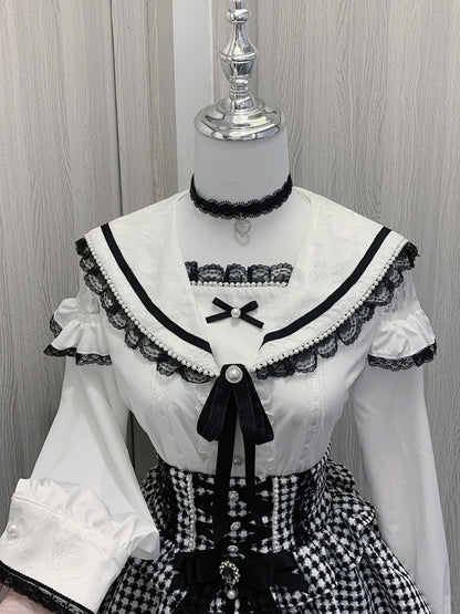 Pendant Trim Blouse Lace with Jirai Kei Black/White Sailor Collar Cutout Choker Shoulder Heart