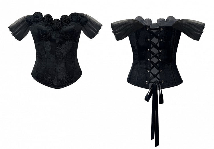 Black Roses Decorated Off-the-shoulder Neckline Boned Corset Top