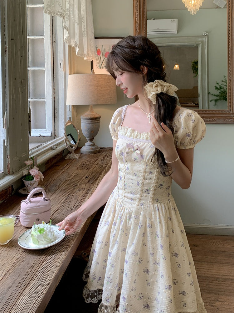 Kei Floral Dress Mori Beige Square Neckline and Short Puff Sleeves