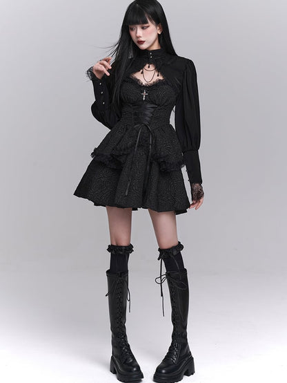Skirt Gothic Black Sweetheart Neckline Lace-up Front Tiered