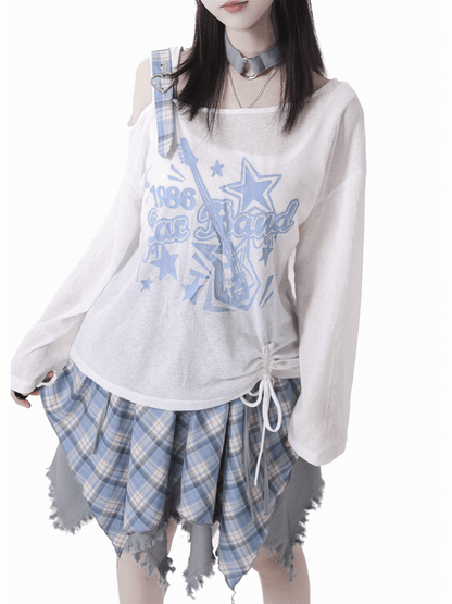 Plaid Skirt White /Black Frayed Handkerchief Hem Blue