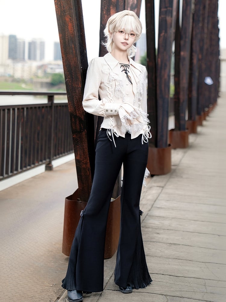 Flared Black Buckle Pants Cuffs and Pleated
