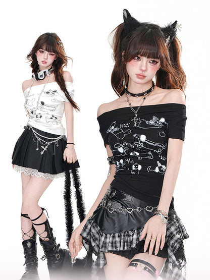 Black/White Off-the-shoulder Neckline Puppy Print Glamorous Top