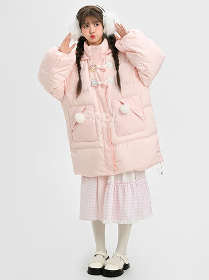 Pink Cute Bear and Kitty Plush Trim Hooded Down Coat