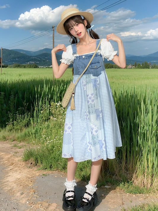 Mori Denim Overall Dress Blue Plaid and Floral Patchwork Design Kei