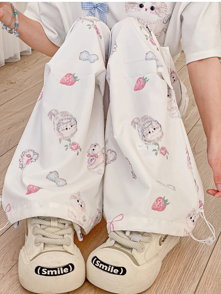 Cuffs Adorable Kitty Print Cargo Pockets Drawstring White Wide-Leg Pants