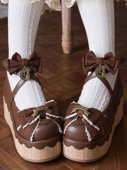 Rund Dunkel - Charm Akzente Schleife Uhr Süße Plattformen Lolita Zehe Braun