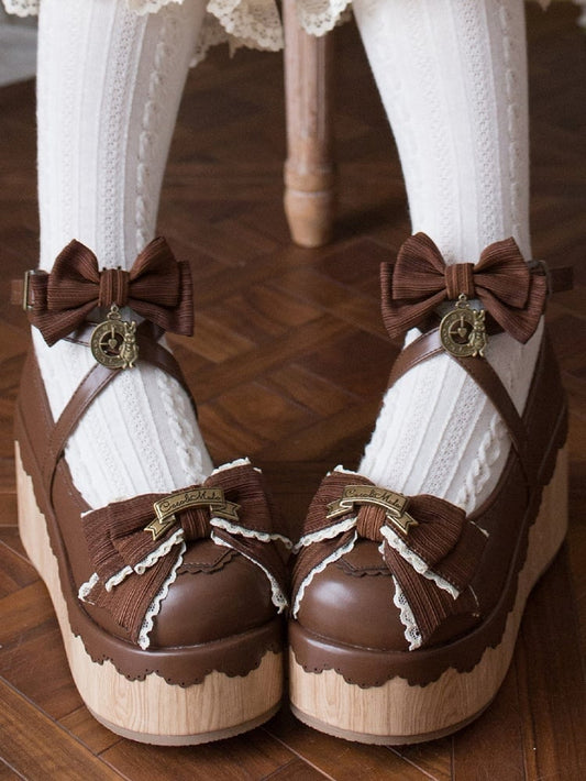 Rund Dunkel - Charm Akzente Schleife Uhr Süße Plattformen Lolita Zehe Braun