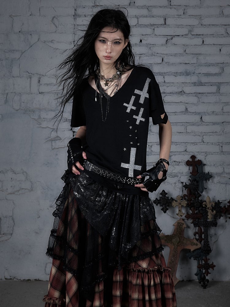 Rock Lace Detailing Graphic Distressed with Punk Handkerchief Hem Black T-shirt Cross